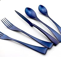 Vista 2 de JASHII Juego de cubiertos de plata de acero inoxidable 18/10 de lujo, 20 piezas, color azul mate, repuesto negro, utensilios seguros