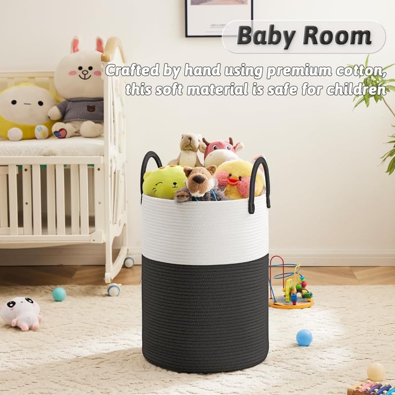 Image of Jute Cotton Rope Laundry Basket with Handles, Large Tall Clothes Hamper for Bedroom, Baby Nursery, Bathroom, Laundry Room & Home Storage Organizer (14x18 Inch, Black White)