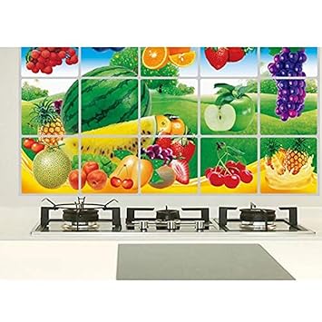 JAAMSO ROYALS Multi Fruits and Vegetable Oil Proof Vinyl Aluminium Foil Kitchen Tile Wall Sticker (75 cm X 45 cm)