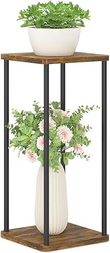 Soporte para Plantas de 2 Niveles para Interiores, Oppro Estante Vertical de Madera y Metal de 28 Pulgadas de Alto, Mesa Moderna Negra Grande para