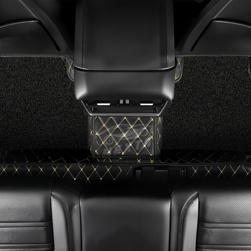 Image of NEXTA Premium Faux Leather 7D Car Floor Mats for MG Majestor - 7 Seater (All 3 Rows) || Luxury Leather with Grass Mat Complete Set || 100% Waterproof and Washable (Color Black & Golden)