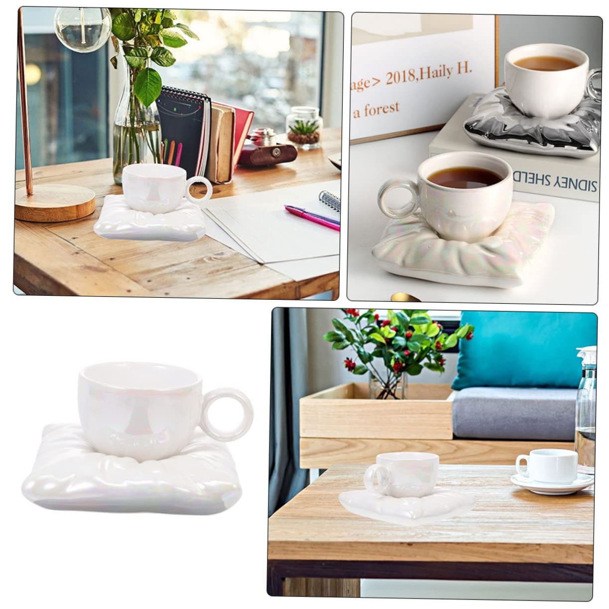 Mikinona Kaffeetasse 200ml aus Keramik mit Kissenförmigem Untersetzer | Weiß, Schlichtes Design mit Schönen Linien, für Tägliche Nutzung und Entspannung