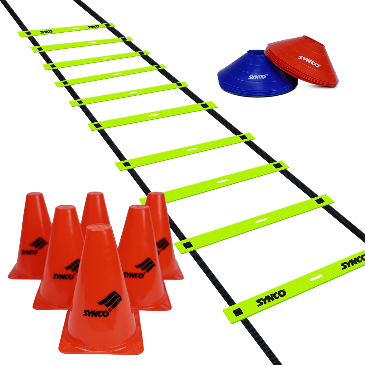 SYNCO Sports 6 inch PVC Cones (Pack 6), 2 inch Space Markers (Pack 10) and Agility Ladder 4 Meter | Ladder Combo Set (Multicolour)-image-47
