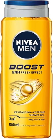 NIVEA Men Boost Duş Jeli 500 ml, 3'ü 1 Arada Komple Bakım, Vücut, Saç ve Yüz için, Kafein ile Canlandırıcı Bakım