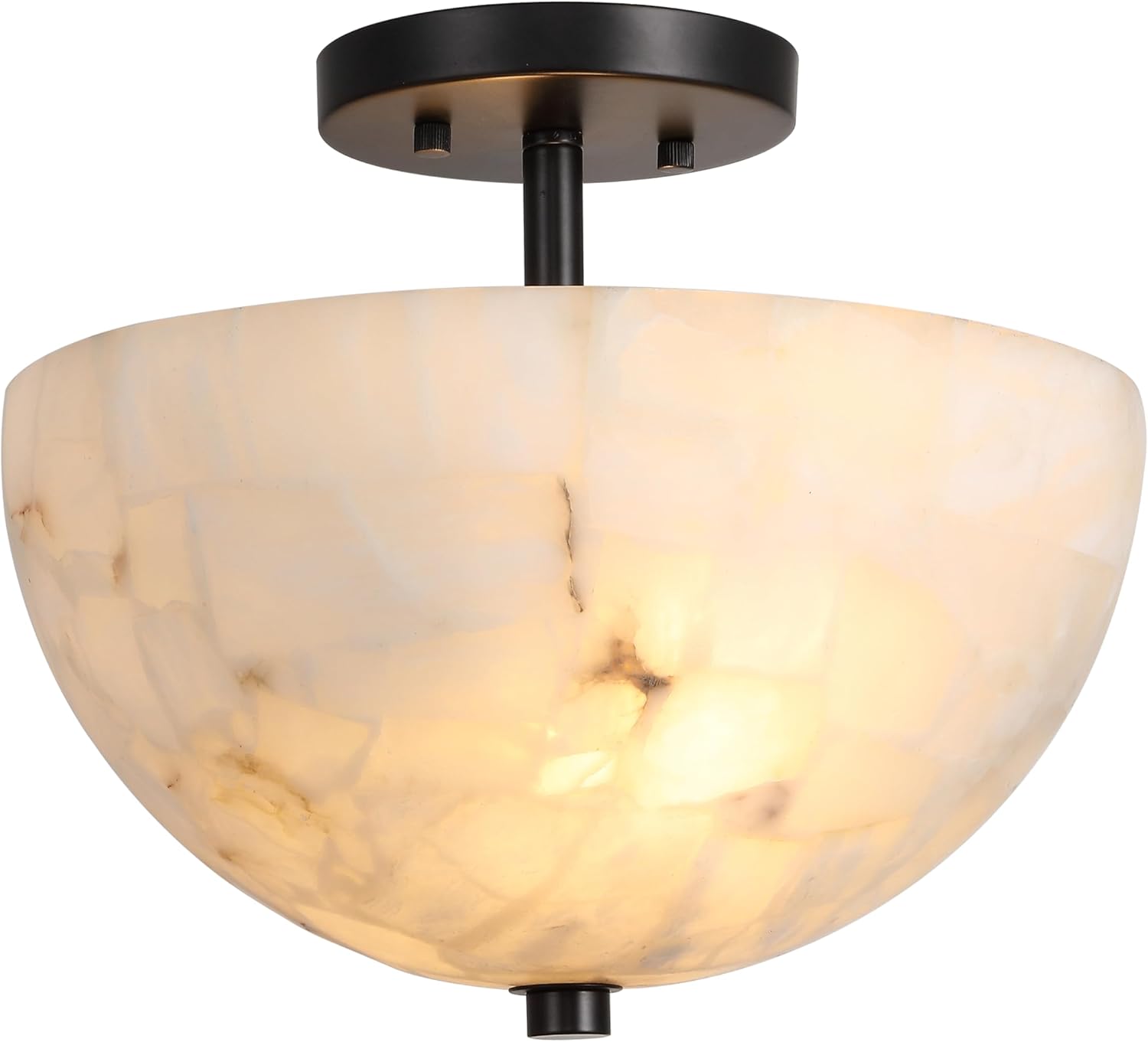 JONATHAN Y 12" White Marbling/Black Modern 2-Light LED Semi Flush Mount Light, Inverted Dome Ceiling Fixture with White Alabaster Shade for Bedroom, Hallway, LED Bulbs Included (JYL1205B)