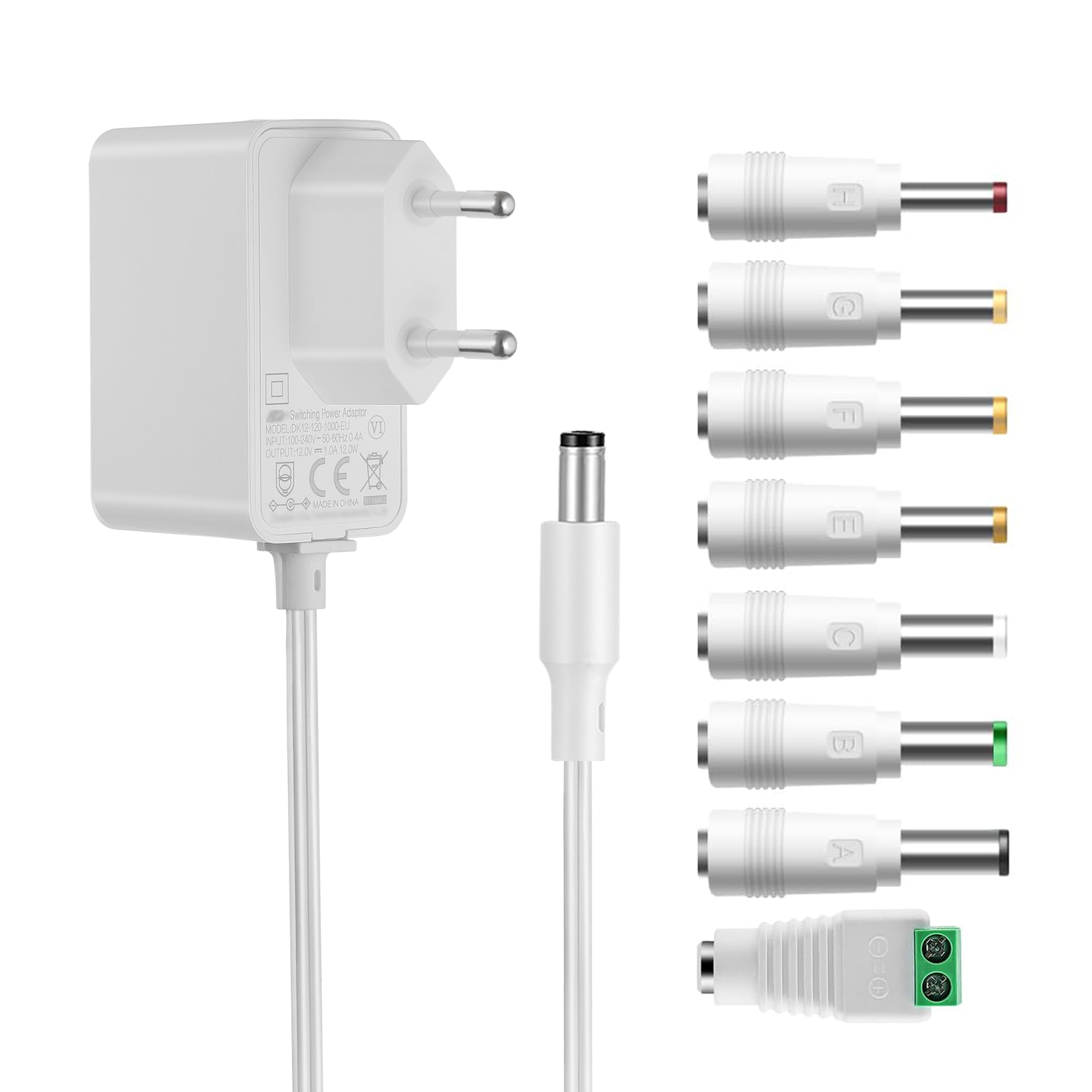 Tonton Universal 12V 1A Netzteil Weiß, Extra 3 Meter Kabellänge, 12V AC DC Netzadapter 1A 800mA 500mA Transformator mit 8 Steckers für LED Streifen Lautsprecher CCTV Überwachungskamera Fan (DC12V~1A)