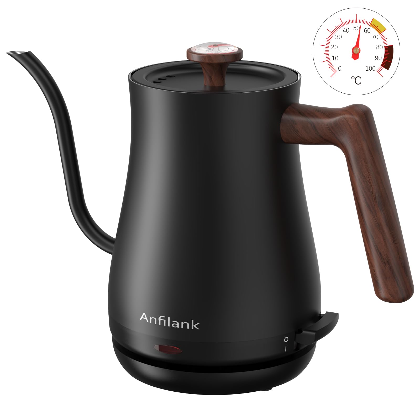 電気ケトル 0.8L コーヒー 温度計付き ドリップケトル ANFILANK 電気ポット 1200W ケトル コーヒーポット ドリップ ステンレス製(急速沸騰/空焚き防止/自動電源オフ) PSE認証済み 湯沸かし 一人暮らし お手入れ簡単 細口 おしゃれ コンパクト プレゼント 木目調（ブラック ）