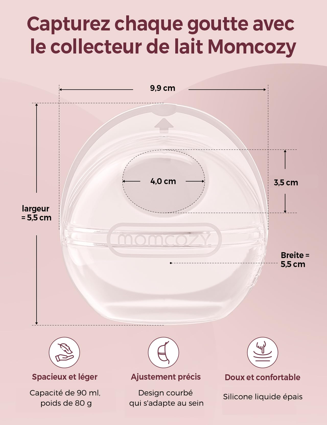 Momcozy BC003 coquillage d’allaitement, coupelles de recueil lait maternel réutilisables en silicone souple, collecteur de lait 90 ml avec meilleure adaptation et douceur, lot de 2