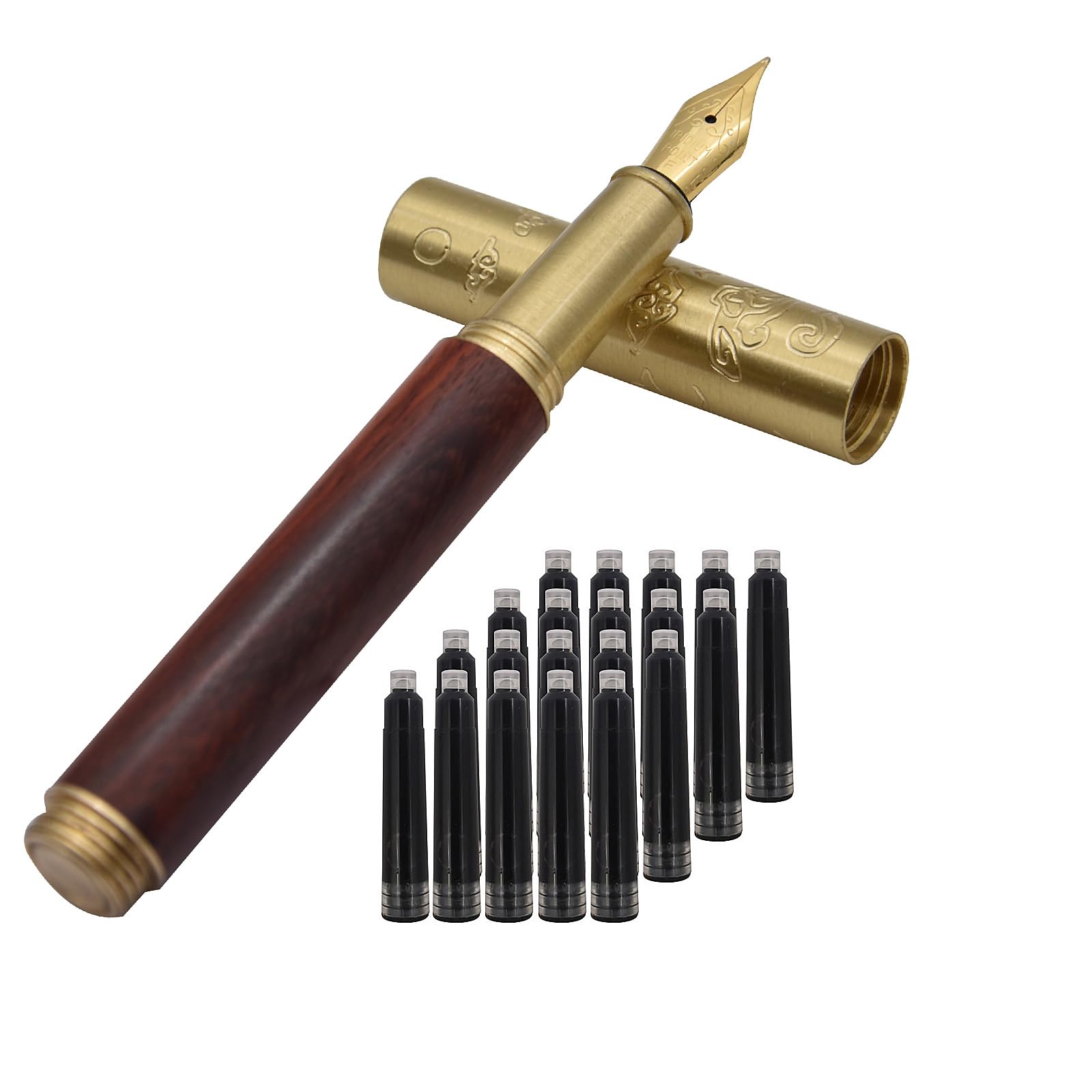 SIPLIV Handcrafted Auspicious Clouds Patterned Brass Wooden Fountain Pen Short Paragraph (101mm) Pocket Mini Travel Pen with 20 Pcs Black Ink Cartridges - Image 2