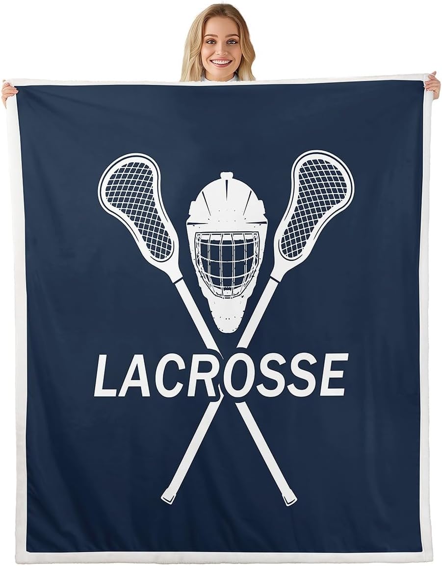 Lacrosse Fleece Blanket,Fashion Sports Ball Game Navy White Bed Blanket for Kids Teens,Lacrosse Sticks Helmet Sporting Flannel Blanket for Room Decor,Queen 90"x90"