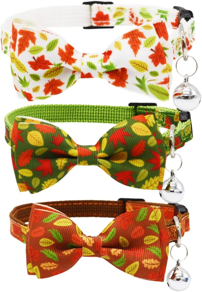 3 Pack Fall Cat Collar with Bow Kitten Bowtie Collar with Bell Autumn Breakaway Adjustable Collars