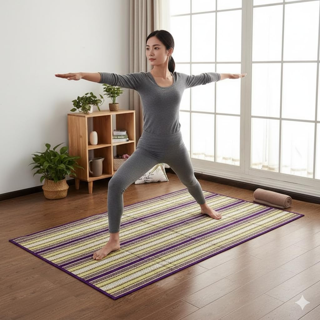 Handcrafted Korai grass Mat Eco comfort for Yoga & Meditation I Natural grass Fitness mats for a Peacefull Practice I Eco friendly Meditation mats I Sustainable picnic mat I Pranayama yogamat I Yogamat for beginners I Outdoor picnic mat I Camping sitting mat I Gym matgift for men women (Purple)-image-31