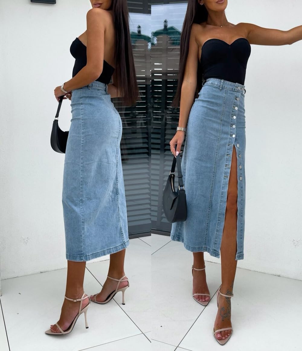 Genérico Falda Tubo Vaquera de Cintura Alta para Mujer, Falda elástica con Abertura Irregular y Botones, Ropa Casual Moderna y Sexy para la Calle