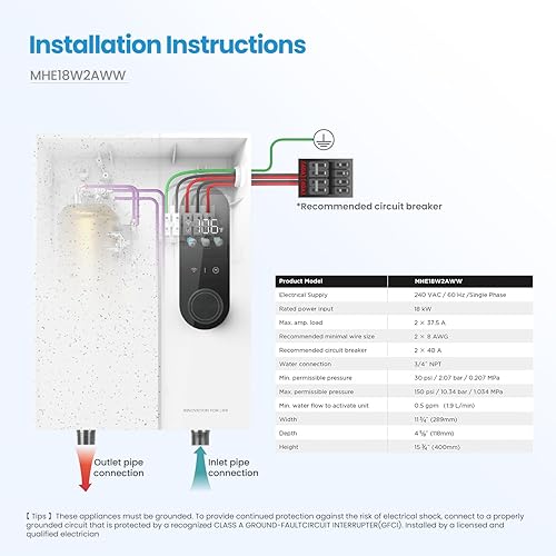 Miniatura 8 de Midea Calentador de agua eléctrico sin tanque de 18KW, control táctil, control Wi-Fi, pantalla LED, modo infantil, 240 voltios con modulación de