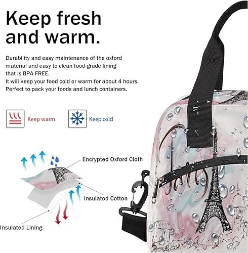 Miniatura 6 de Bolsa de almuerzo con aislamiento térmico de la Torre Eiffel de París, para mujeres, hombres, niñas, niños, romántica bolsa de almuerzo con correa