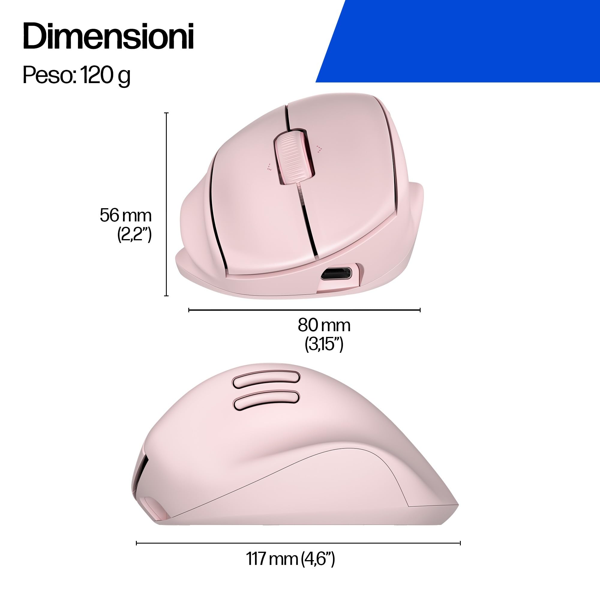 HP Tilt 720M, Mouse Wireless Ergonomico, Bluetooth, Rosa | Inclinazione Semi-Verticale a 21°, Ricarica Rapida, Windows, macOS, ChromeOS, iPadOS, Android