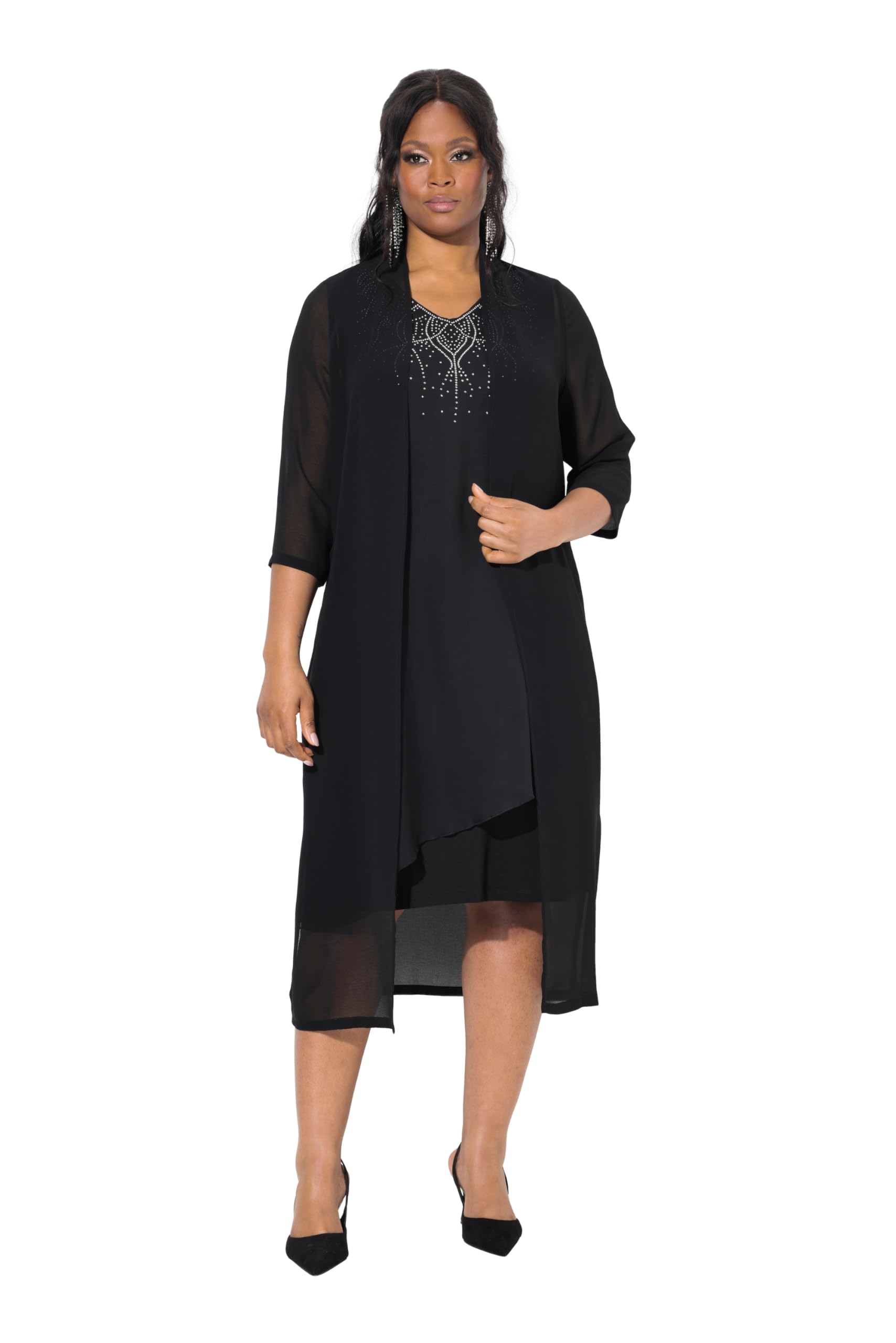 Ulla Popken Damen große Größen Übergrößen Plus Size Chiffonjacke, Schalkragen, Lange, offene Form, 3/4-Ärmel 839875