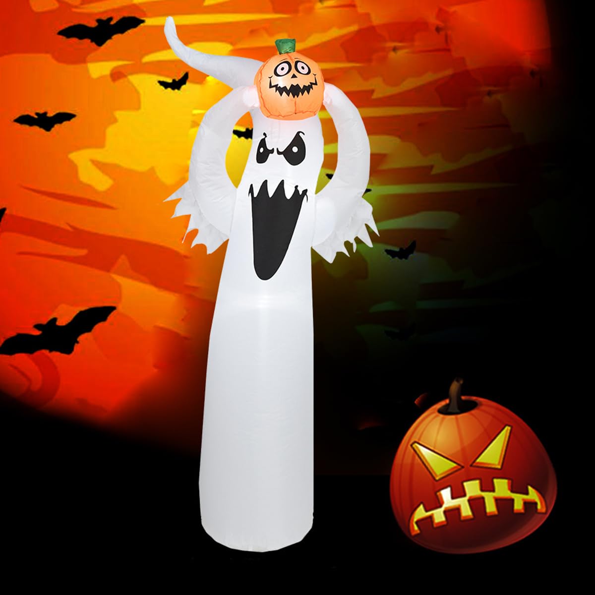 YUONNY 1,8m Décoration Gonflable Lumineux Halloween, Modèle Fantôme & Petite Citrouille Gonflable avec Lumières LED Intégrées, Ornements Halloween pour Jardin Pelouse Cour Intérieur Extérieur Fête
