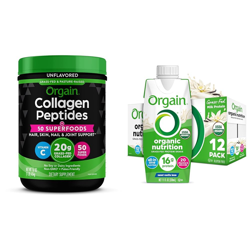 Bundle of Orgain Hydrolyzed Collagen Powder + 50 Organic Superfoods, 20g Grass Fed Collagen, Unflavored, 1lb + Orgain Organic Nutritional Shake, 16g of Protein,
