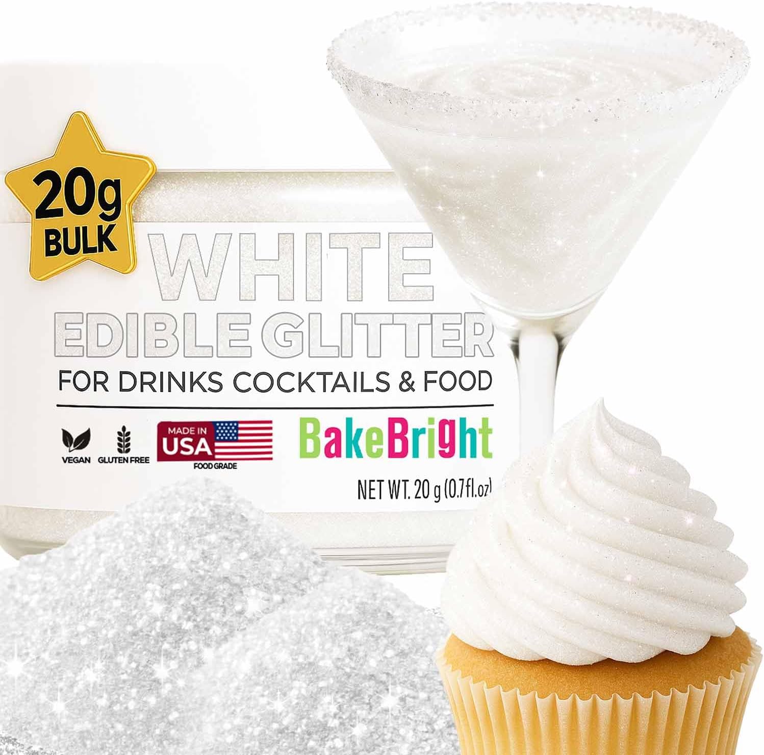Bulk 20g White Edible Glitter for Drinks | Premium Edible Glitter for Cakes, Cocktails, White Cake Decorating Decorations Food Grade, Vegan, Kosher, Halal, Gluten Free - Made in USA