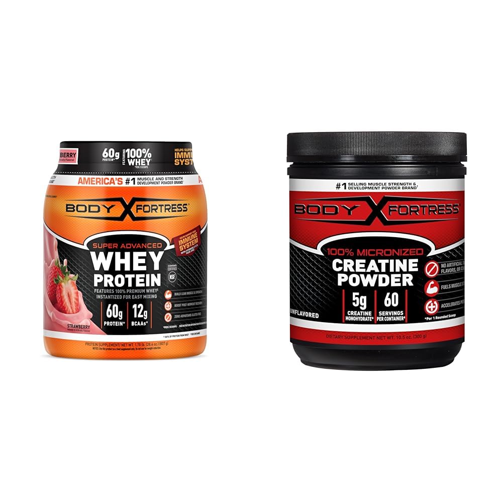 Bundle of Body Fortress Super Advanced Whey Protein Powder, Strawberry1.78 lbs + Body Fortress 100% Micronized Creatine Monohydrate Powder, 300g (60 Servings, 5g Scoop) – Unflavored