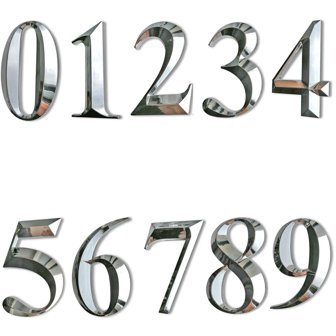 Self Stick Mailbox Numbers 0-9, Door Address Number Stickers for Apartment, Condo, Office, Hotel Room, Chrome Plated, Metal Shiny, 2-3/4 Inch High. (10 Pcs（0 to 9）, Silver)