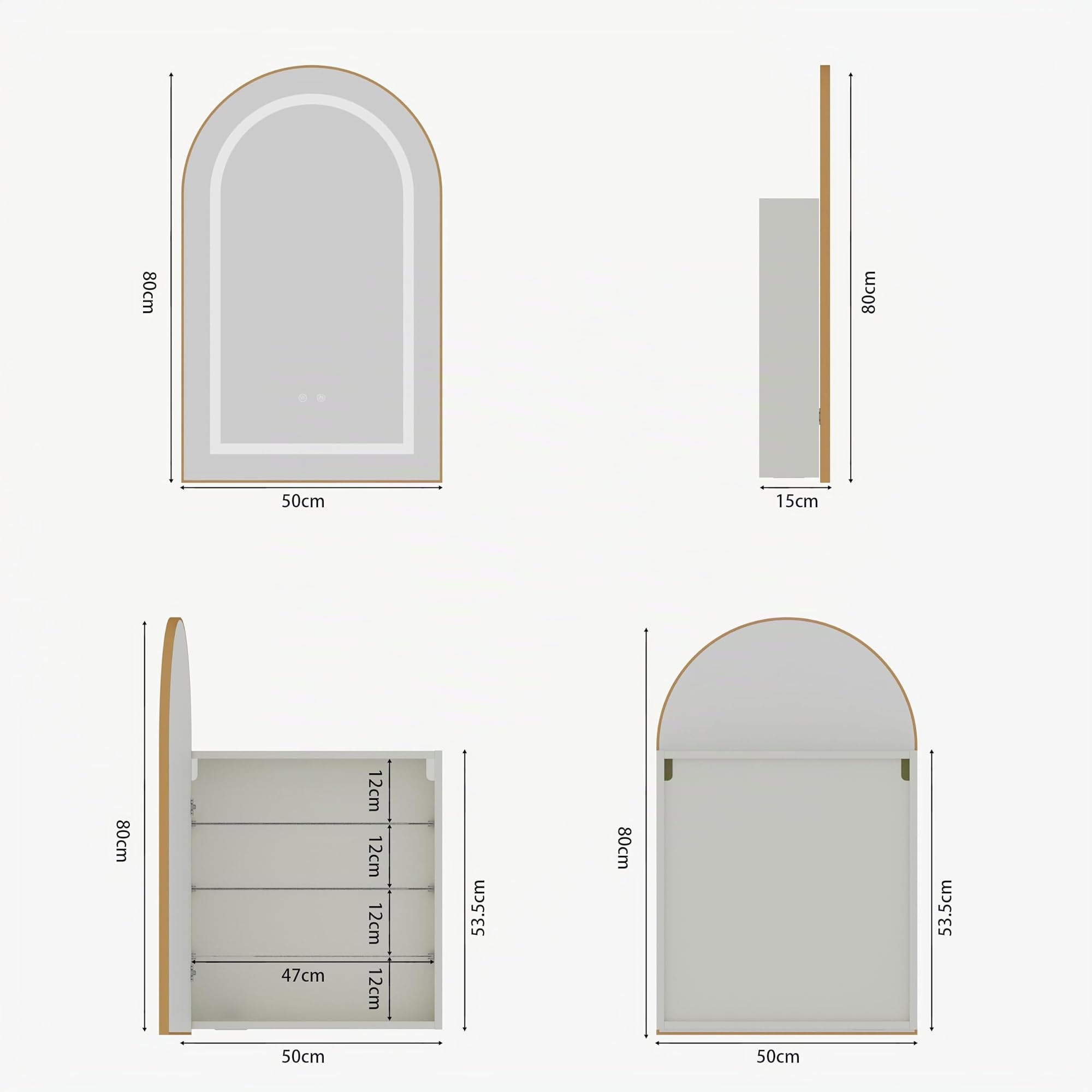Spiegelschrank Bad mit Beleuchtung und Antibeschlag Funktion Hängend Badezimmer Spiegelschrank mit 3 Glas Einlegeböden Gewölbter Bad Spiegelschrank mit Steckdosen für Badezimmer Toilette Gold Beige