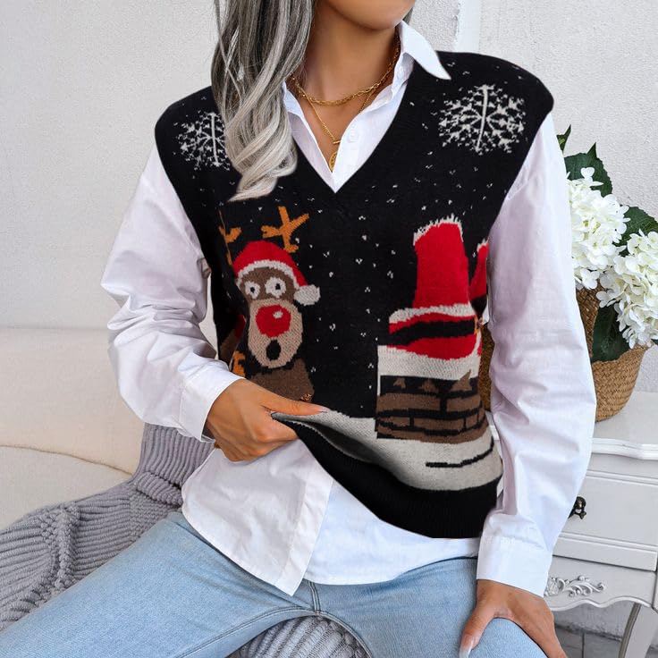 Image of JULYCLO Christmas Sweater Vest Women Ugly Xmas Reindeer Knit Sweaters Casual Santa Snowflake V Neck Sleeveless Outwear Tops
