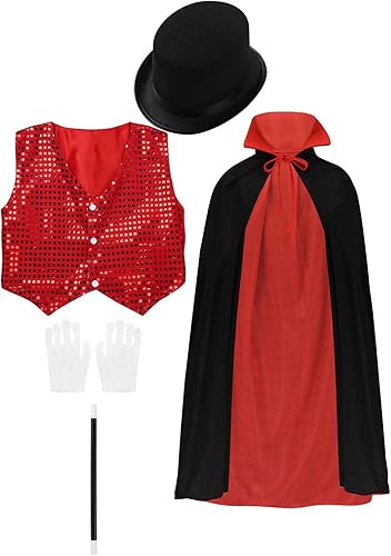 Fldy Disfraz de mago para niños y niñas, kit de accesorios mágicos, capa superior con gorro, varita mágica, guantes mágicos, disfraces de cosplay