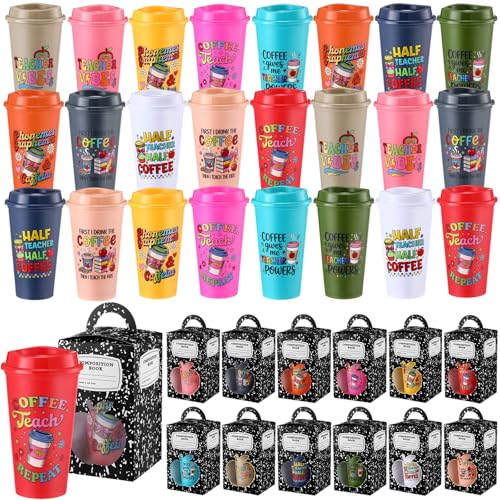 Mimorou 24 Set Teachers Day Coffee Cups Gifts 16 oz Reusable Coffee Cup with Lids and Gift Bags, Plastic Mugs Set of 24 Party Holiday Gifts for Teachers Coworker Nurse
