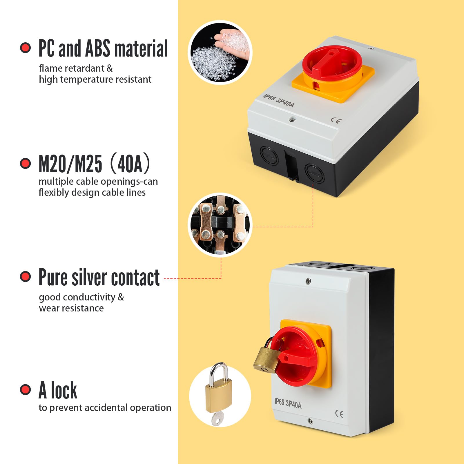 SWAWIS 40A Interrupteur Principal 3 Pôles, Interrupteur Rotatif avec Boîtier pour Connecter Interrupteurs et Séparer Petits Circuits, IP65