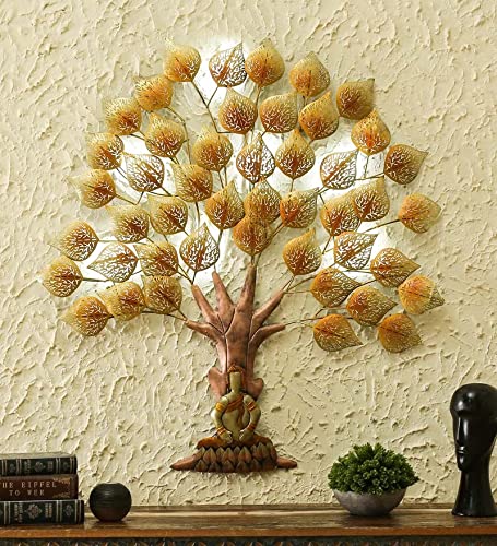 Pitara Plex Metal Wall Hanging Buddha Tree Home Décor, Gold, 32X2X32 Inch, Inbuilt LED