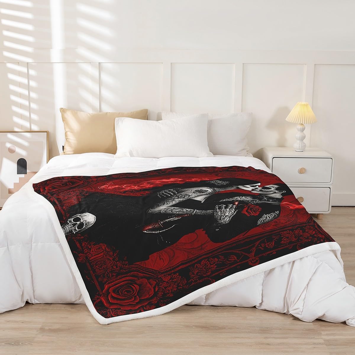 Erosebridal Skull Couple Blanket,Kissing Lovers Skeleton Throw Blanket Queen,Vintage Rose Flower Fleece Blanket,Gothic Spooky Lover Sherpa Blanket Valentine's Day Fuzzy Blanket