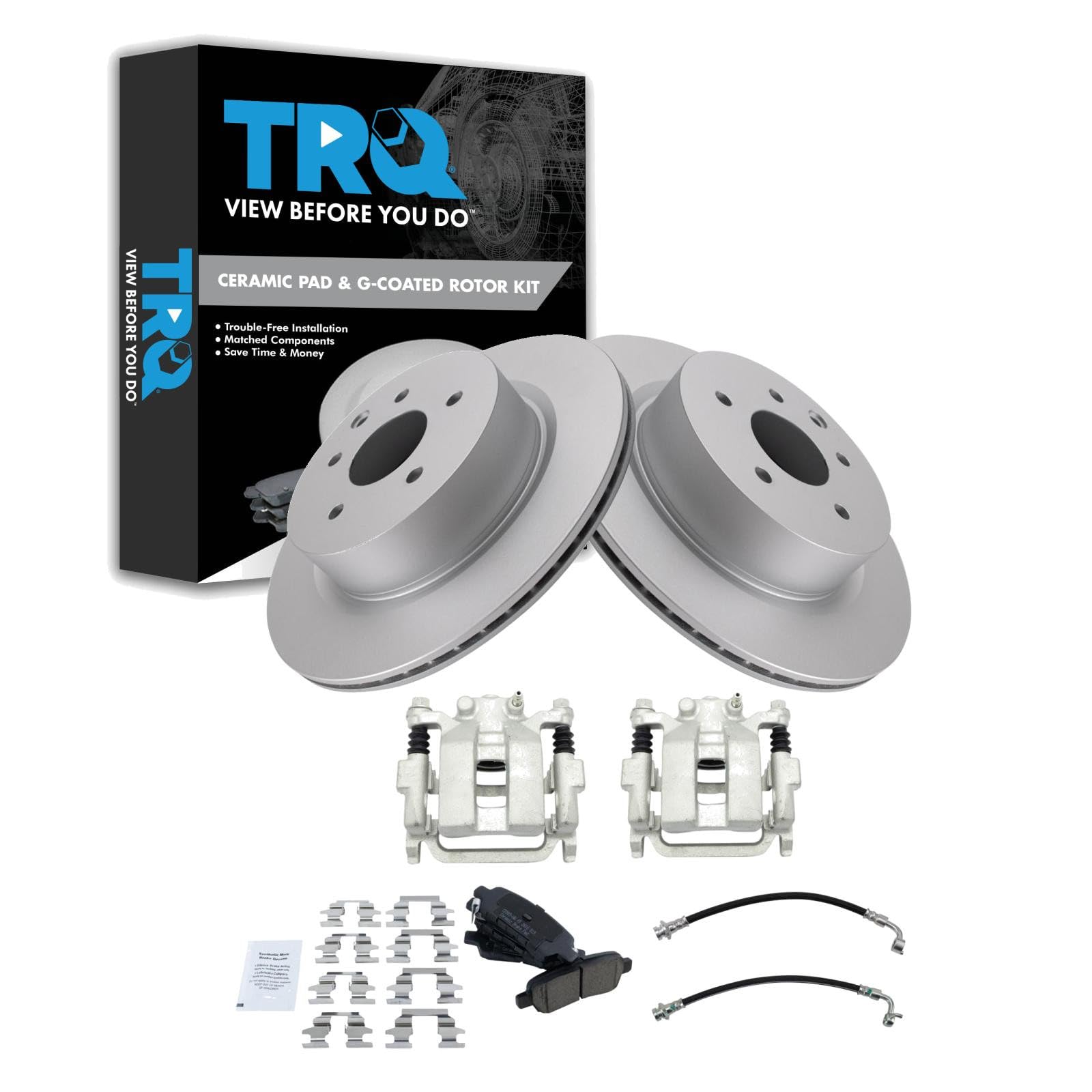TRQ Rear Brake Pad and Rotor Set Ceramic Coated Rotors Calipers Compatible with 2005-2007 Infiniti G35 2006-2008 Nissan 350Z