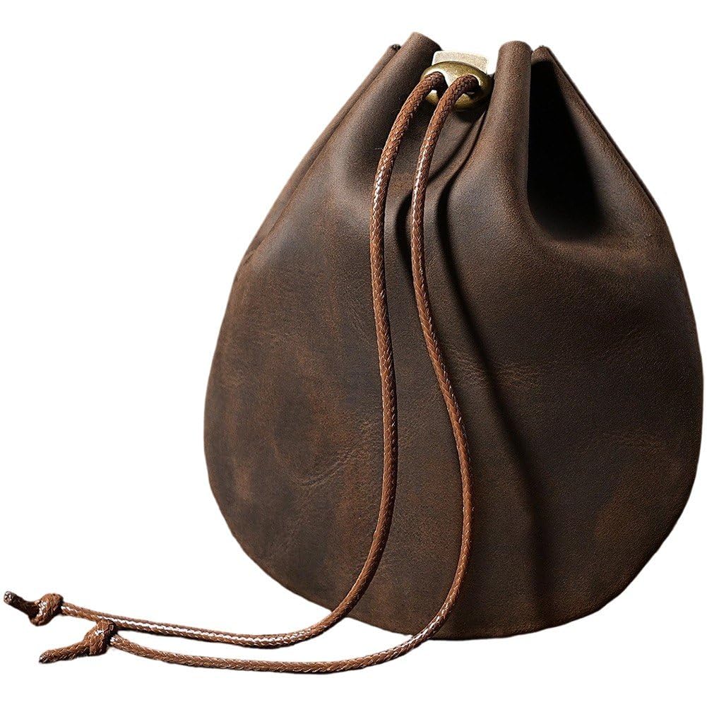 Fituenly Vintage Leather Drawstring Pouch, Medieval Renaissance Coin Purse, Small Portable Waterproof Jewelry Earphone Case for Dice Organizer