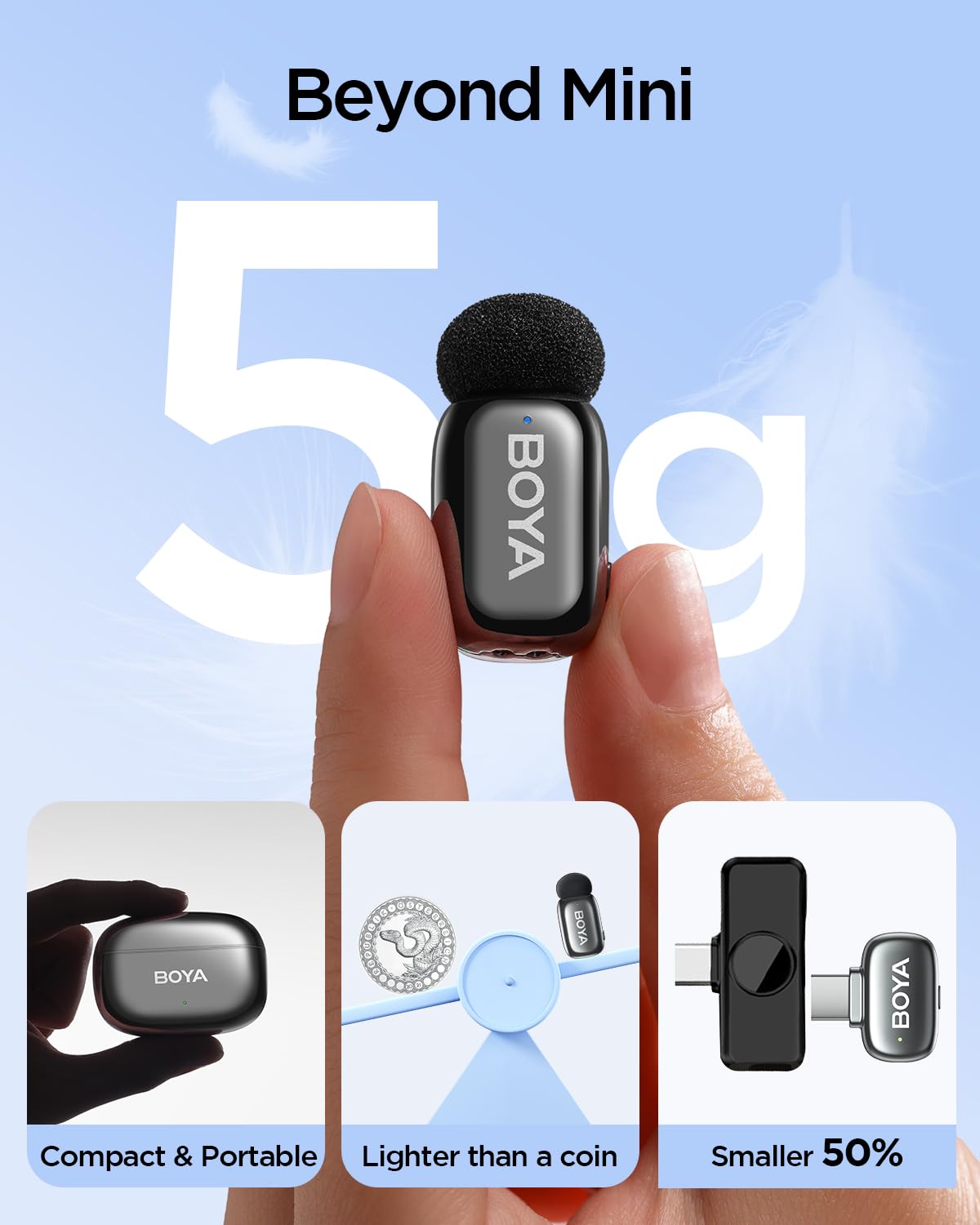 BOYA Mini 2 Mikrofon Kabellos, Ansteckmikrofon mit USB-C & Geräuschunterdrückung, Lavalier Mikrofon Handy Kompatibel mit iPhone&Android Smartphones für Inhaltsersteller