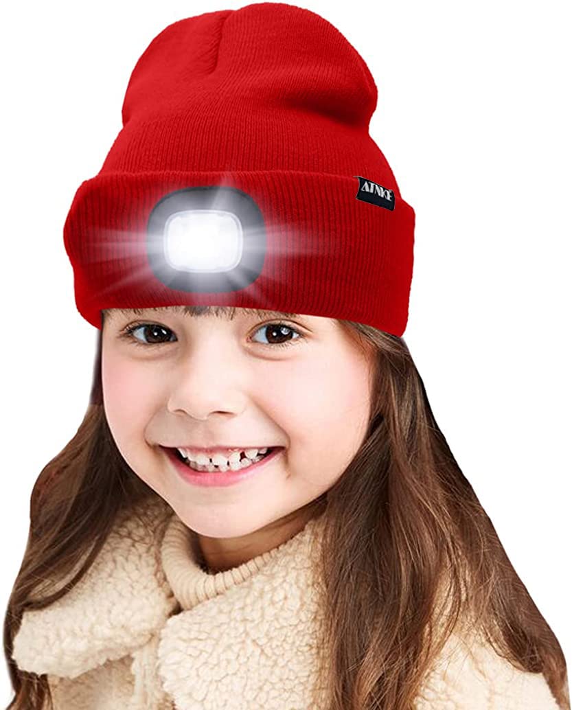 Atnke Boys Red Kids Led Lighted Beanie Cap, Usb Rechargeable 4 Led Headlamp Waterproof Winter Warmer Knit Night Hats With Light For Girls