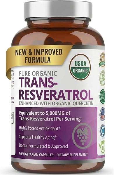 Purity Labs Trans-Resveratrol Supplement 5,000 mg Equivalent per Serving with Quercetin, USDA Organic High Potency Antioxidant, Vegan Capsules, 90 Count