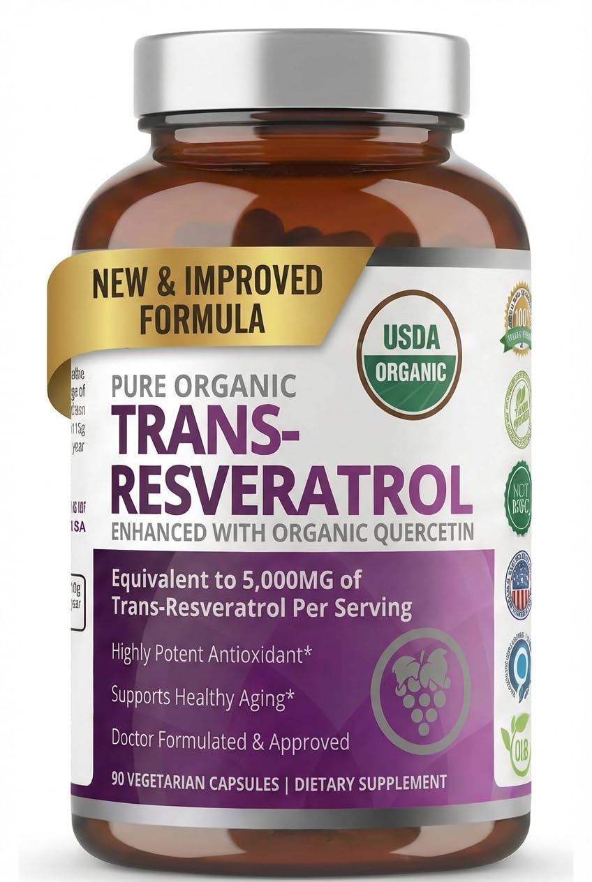 Purity Labs Trans-Resveratrol Supplement 5,000 mg Equivalent per Serving with Quercetin, USDA Organic High Potency Antioxidant, Vegan Capsules, 90 Count