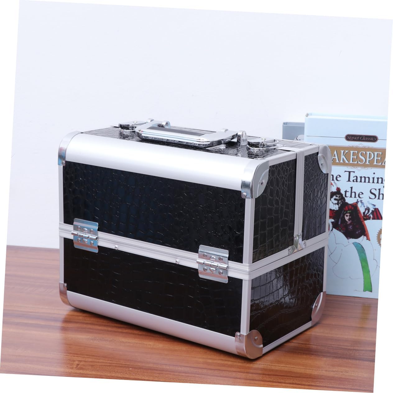 POPETPOP Portable Makeup Organizer Aluminum Alloy Cosmetic Box Toiletry Bag Large Capacity Double Opened Makeup Case for Women