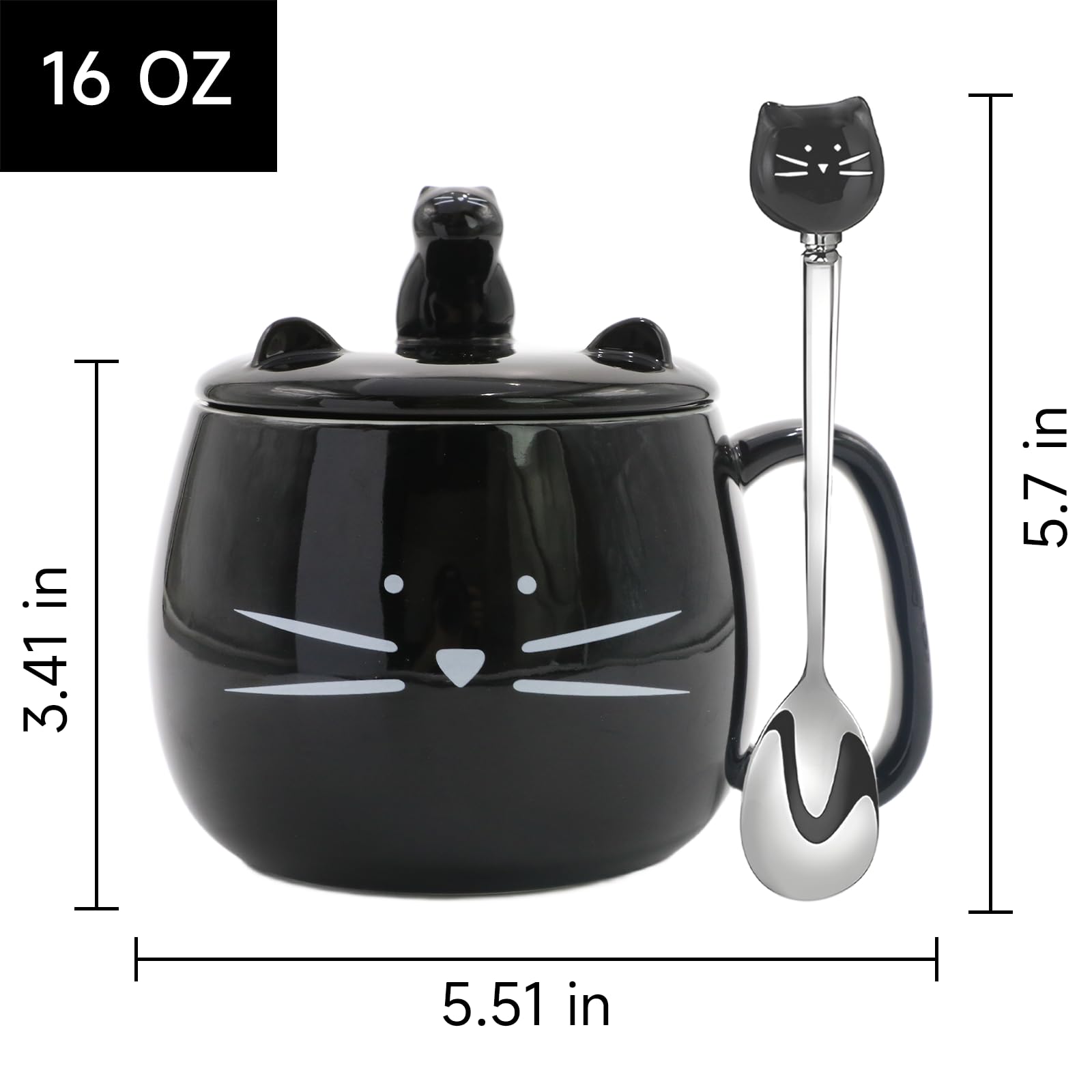 Koolkatkoo Taza de café con diseño de gato de 16 onzas con tapa para teléfono celular, para amantes de los gatos, tazas negras únicas de cerámica, regalo para mujeres