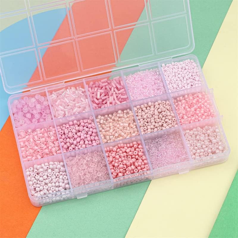 15 Color 4mm Small Assorted Glass Seed Beads,3mm Bugle Beads Friendship Bracelet Kit,2mm Tiny Tube Bead for Jewelry Making(Pink) - Image 3