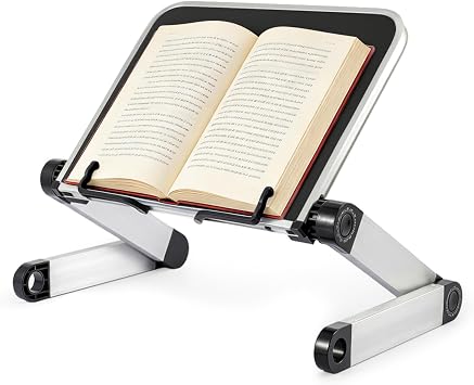 Minifactory Adjustable Book Holder Stand Lightweight Aluminum Ergonomic Reading & Cooking Book Stand with 360  Rotation for Textbooks Tablets Magazines Recipe Books Office and Home Use Black