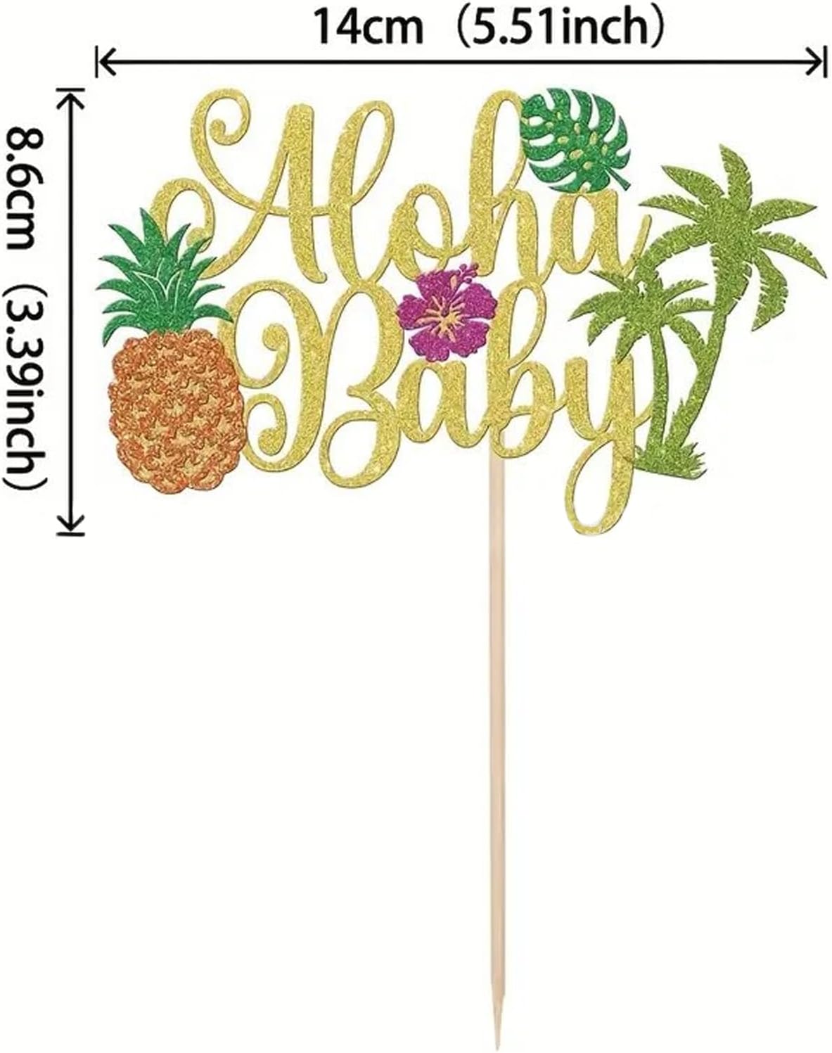 Hawaiian Cake Toppers - Tropical Gold Glitter Cake Decorations Set with Palm Leaf, Pineapple and Hibiscus for Birthday Party, Baby Shower, Luau Theme (Non-Edible)