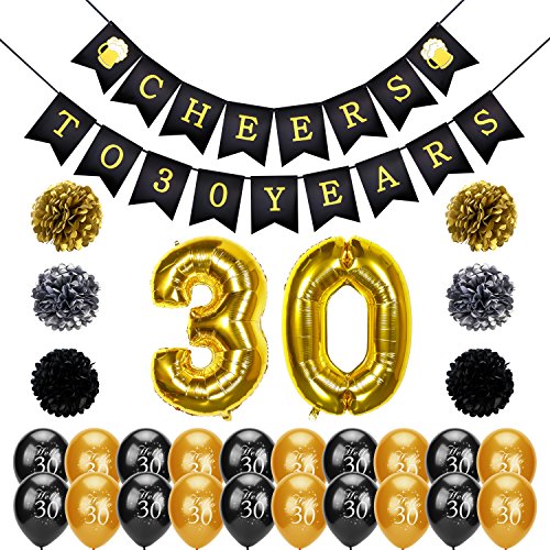 Konsait 30th Birthday Decoration, Cheers to 30 Birthday Banner, Number 30 Foil Balloons Large, Hello 30 Birthday Balloons, Black and Gold, Tissue Paper Pom Poms for 30 Years Old Party Favors Supplies
