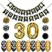 Konsait 30th Birthday Decoration, Cheers to 30 Birthday Banner, Number 30 Foil Balloons Large, Hello 30 Birthday Balloons, Black and Gold, Tissue Paper Pom Poms for 30 Years Old Party Favors Supplies