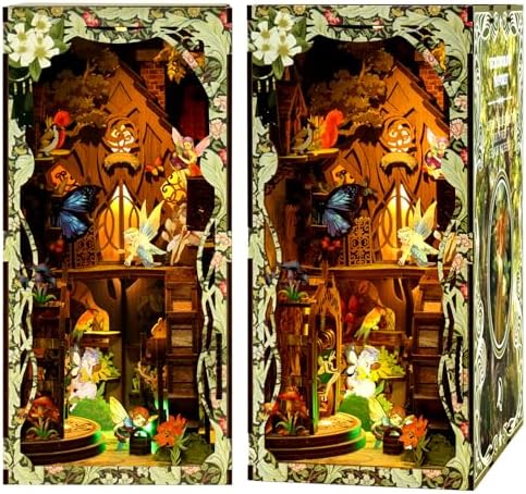 Book Nook Kit for Adult - THRIVINGIVAN Miniature Model Build Dollhouse Kit 3D Wooden Puzzle with Sensor Led Light for Bookshelf Bookend Insert Decor Adults Teen Crafts(Spirit)