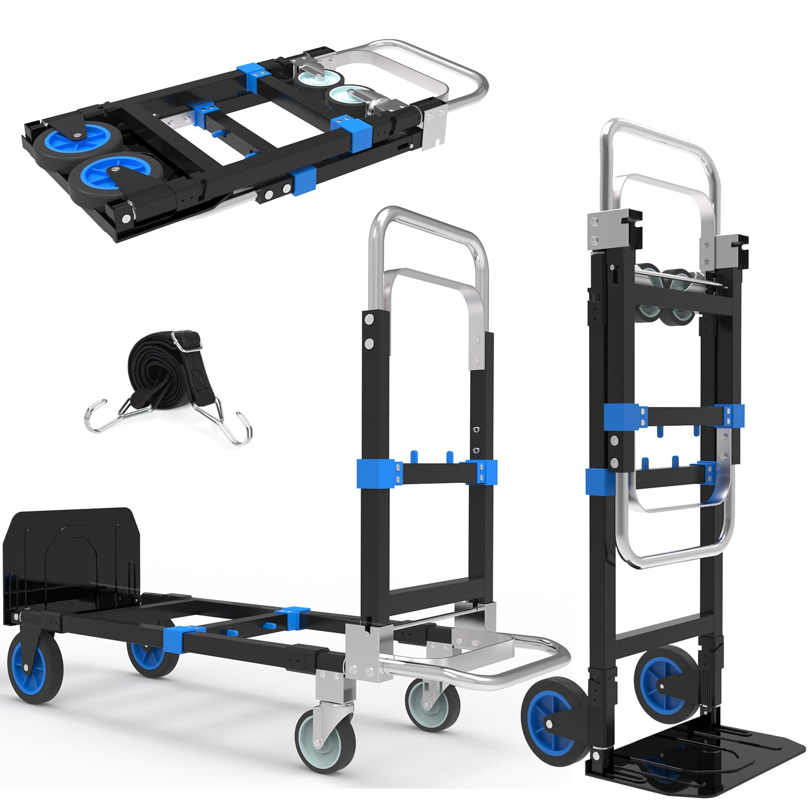 View 1 of 3 in 1 Heavy Duty Folding Hand Truck, Convertible Portable Steel Dolly with Telescopic Handle, Foldable Utility Cart with Rubber Wheels, 500 LBS