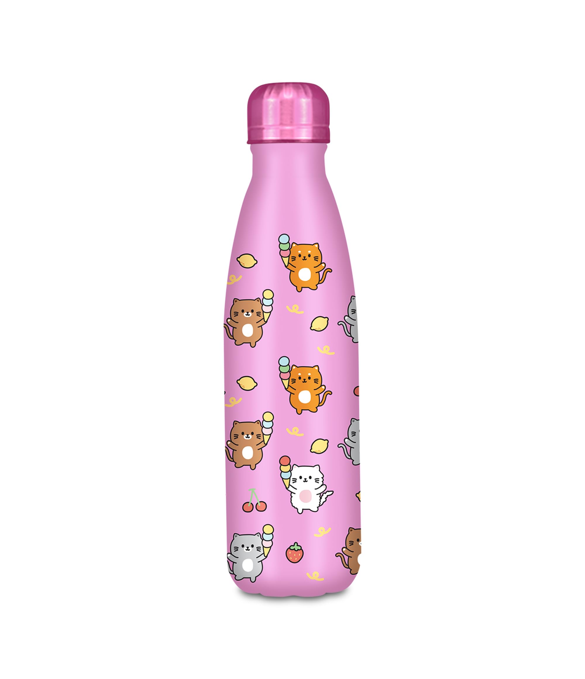 Cartomania Trinkflasche, Thermosflasche, Wasserflasche, Thermosflasche aus Edelstahl, BPA-frei, 500 ml, Silikondeckel, Kinder, Jungen, Mädchen, Geschenkidee, rosa mit Katzen