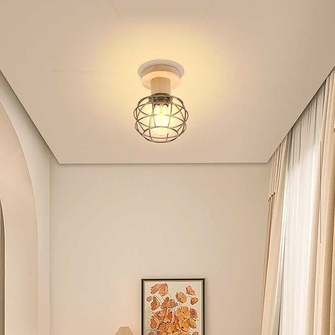 LIGKIN Industriële plafondlamp, E27, vintage plafondlamp van metaal, kooi en hout, hanglamp retro design, slaapkamer, binnenverlichting voor woonkamer, slaapkamer, 13 cm (zwart) photo 2